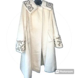 Vintage 1960's French Lilli Ann Ivory Mohair Coat Crystal Rhinestones & Beadwork